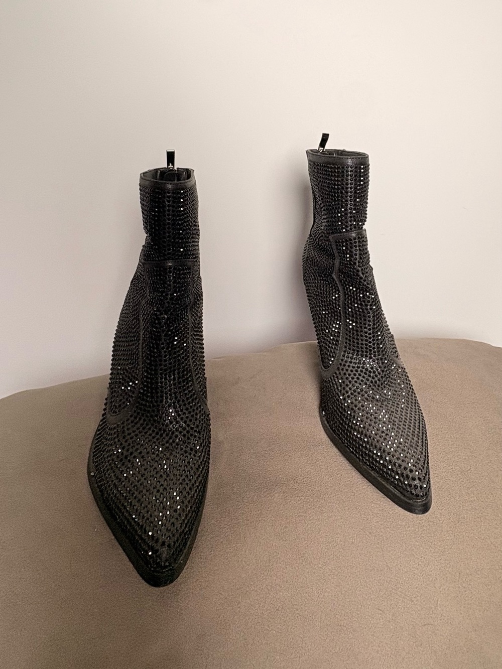 Black Crystal-Embellished Pointed Toe Ankle Boots